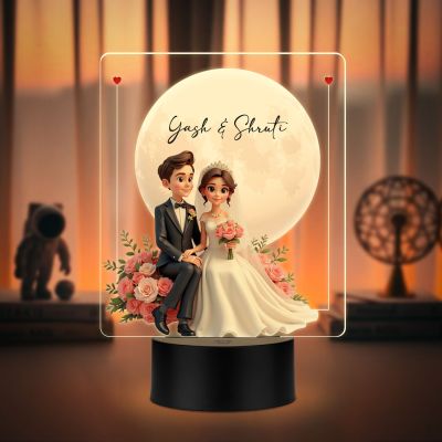 Personalized Wedding Couple LED Night Light with Moon and Roses, Warm White Acrylic Lamp with Black Base Wedding Gift for Friends Customized Gifts for Couple